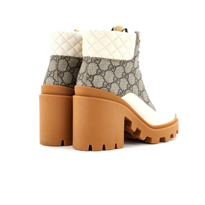 Gucci Women'S Lace Up Heeled Ankle Boots Gg Coated Canvas With Quilted Leather