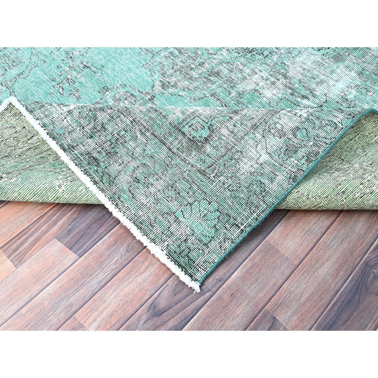6'1"X9' Green Worn Wool Hand Knotted Overdyed Old Zoroastrian Tebraz Rug