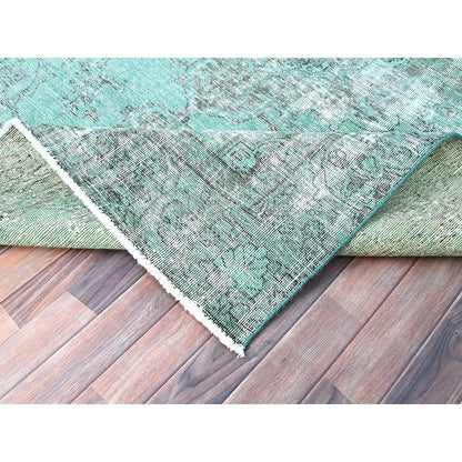 6'1"X9' Green Worn Wool Hand Knotted Overdyed Old Zoroastrian Tebraz Rug