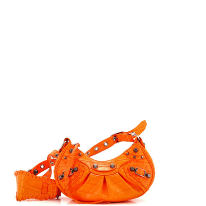 Balenciaga Le Cagole Giant Studs Shoulder Bag Crocodile Embossed Leather Small