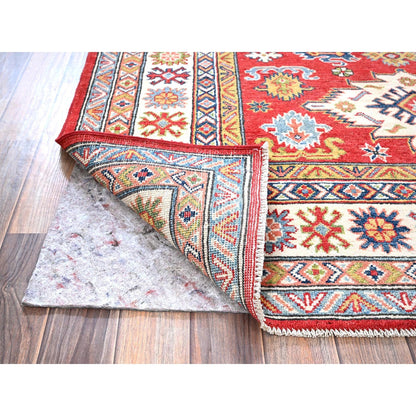 4'10"X7' Red Kazak With Geometric Medallions Design Hand Knotted Wool Rug