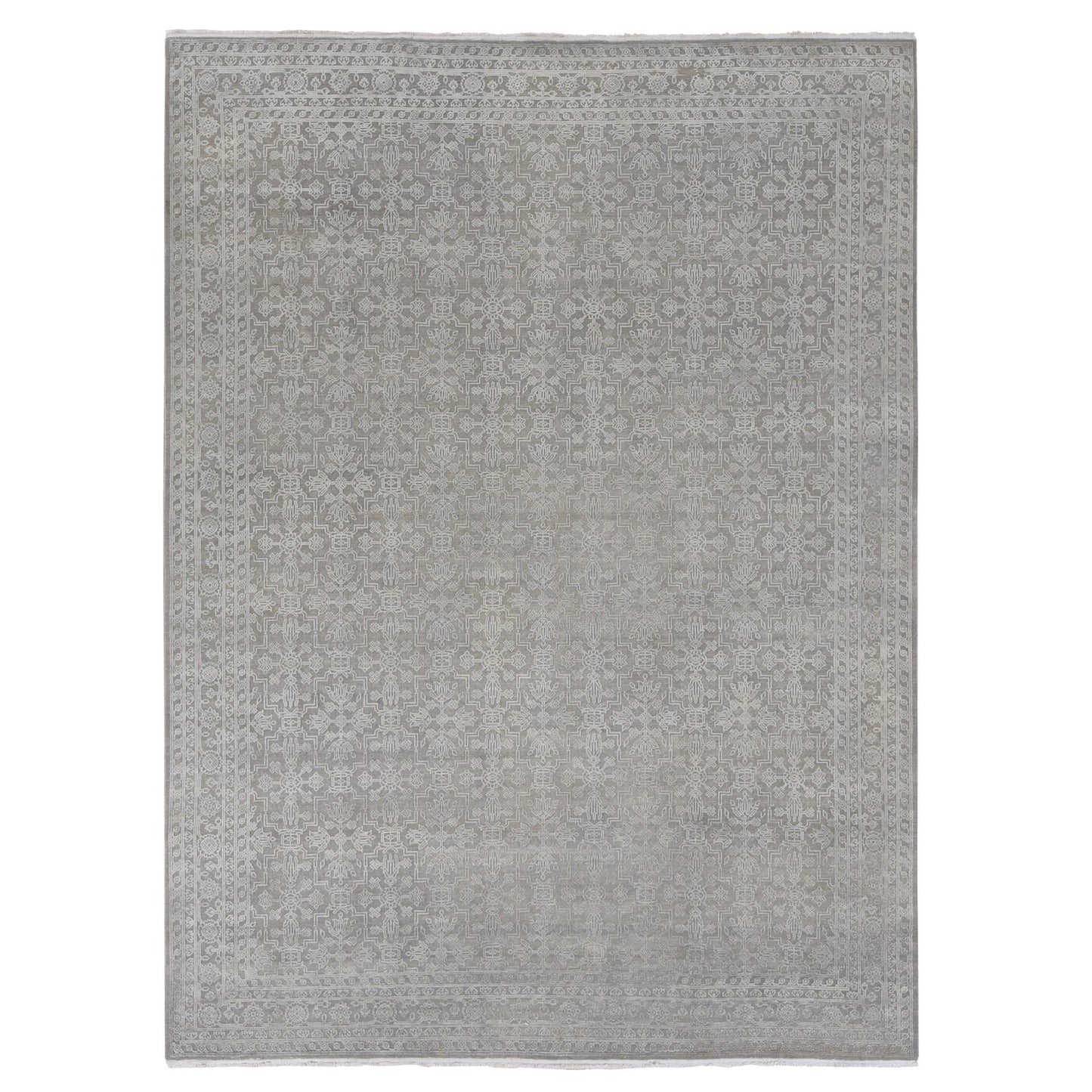 8'10"X12' Gray Silk With Textured Wool Tone On Tone Hand Knotted Rug