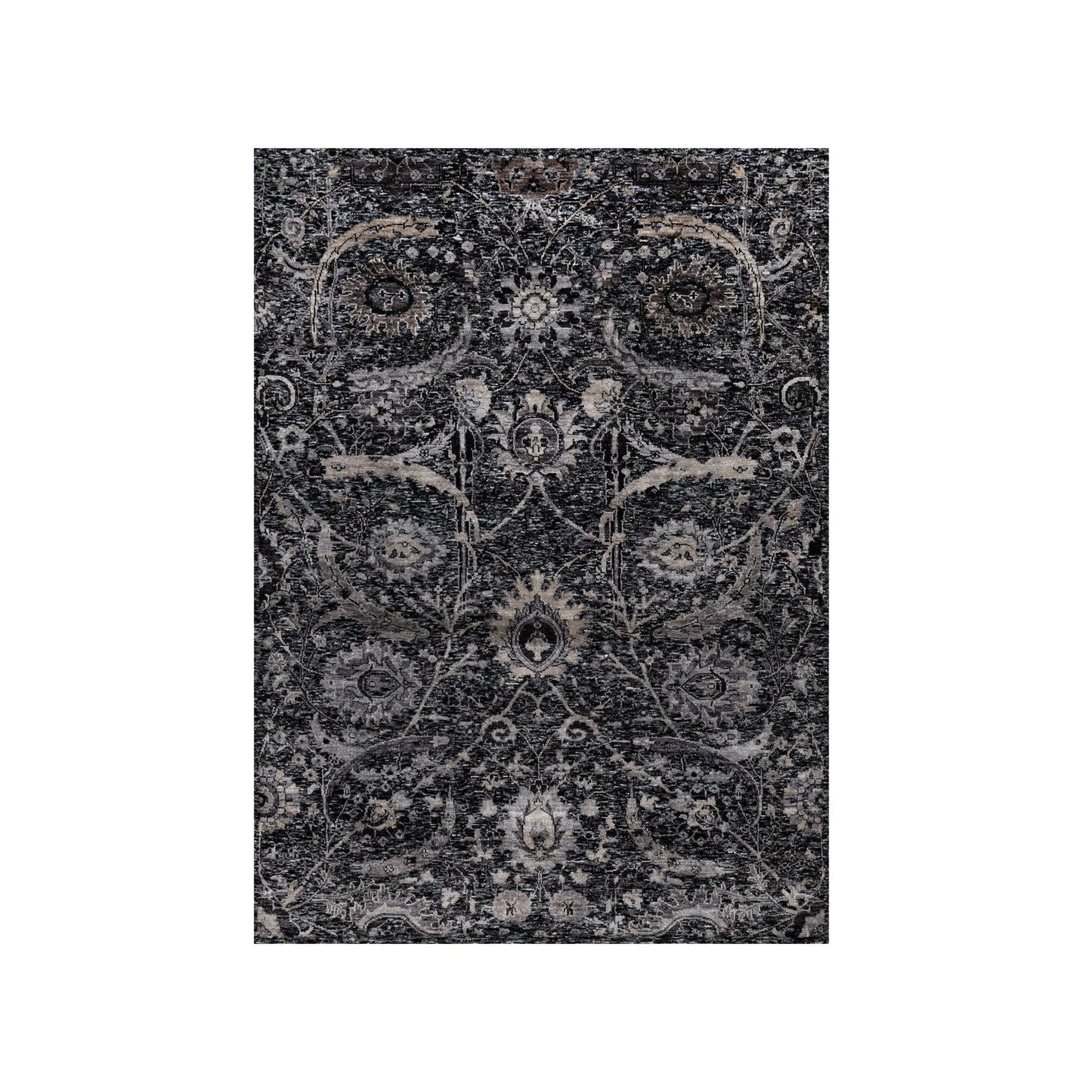 4'10"X7' Phantom Black Hand Knotted Sickle Leaf Design Wool And Silk Rug