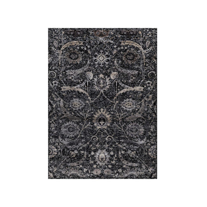 4'10"X7' Phantom Black Hand Knotted Sickle Leaf Design Wool And Silk Rug