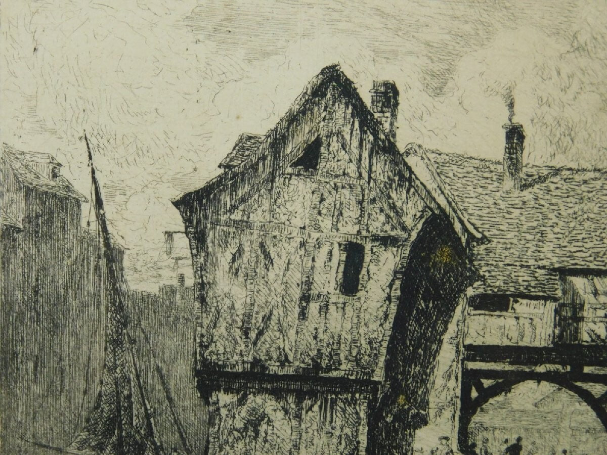 Paul Huet "Old Houses At Honfleur Port" Original Etching Framed With Box 1866
