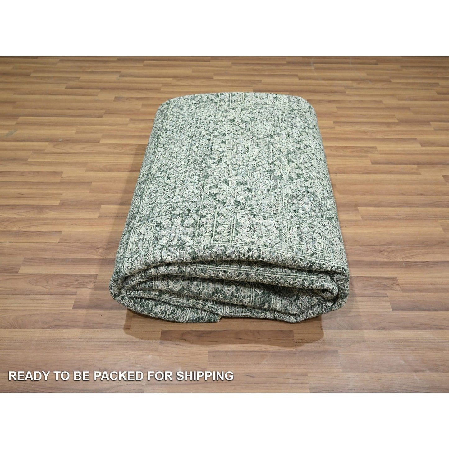 8'x10'2" Pine Green Pre Historic Mamluk Design Hand Knotted Pure Wool Rug