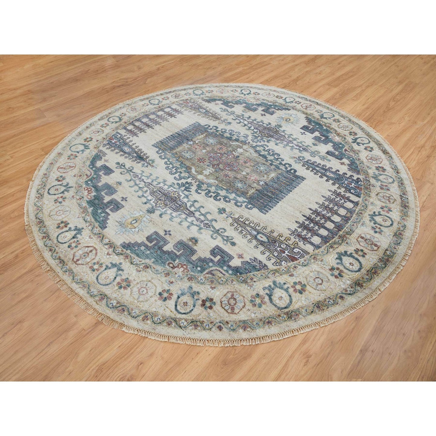 9'9"X9'9" Ivory Hand Knotted Reimagined Viss Design Round Oriental Rug