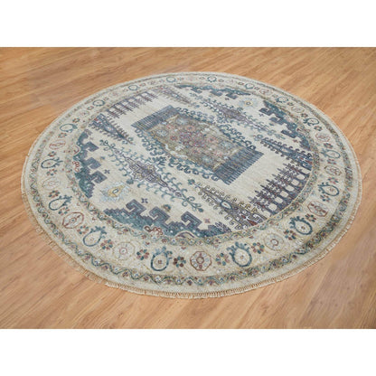 9'9"X9'9" Ivory Hand Knotted Reimagined Viss Design Round Oriental Rug
