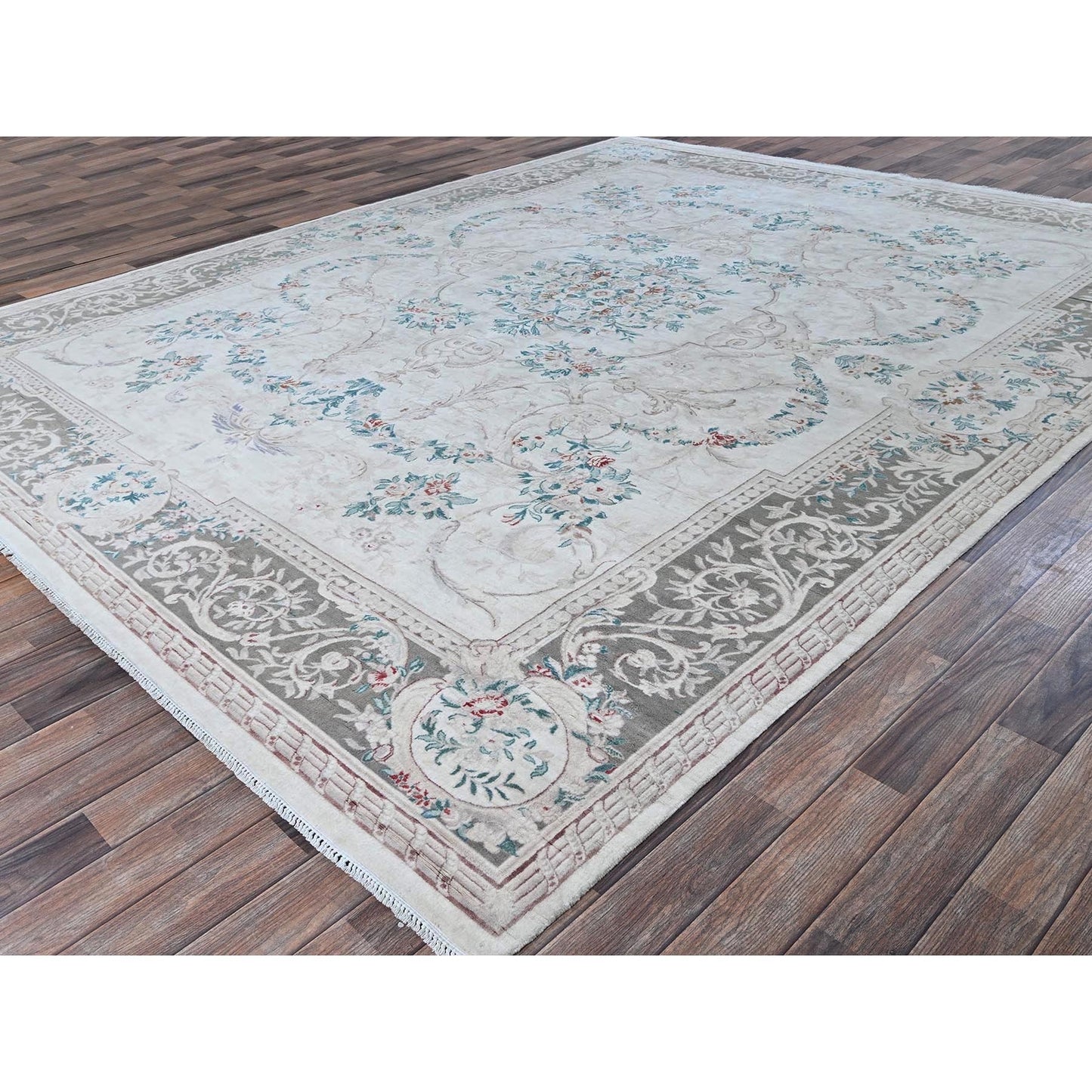 9'X11'9" White Aubusson Design Zoroastrian 300 Kpsi Wool Hand Knotted Rug