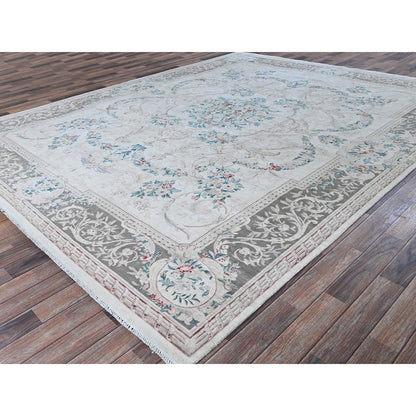 9'X11'9" White Aubusson Design Zoroastrian 300 Kpsi Wool Hand Knotted Rug