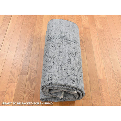 6'X9' Gray Zoroastrian Erased Design Silk With Wool Hand Knotted Rug