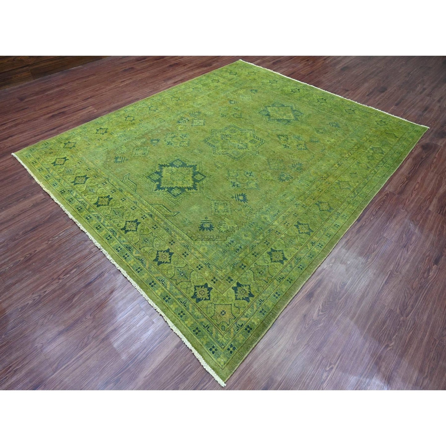 8'X9'6" Green Overdyed Kazak Medallions Design Hand Knotted 100% Wool Rug