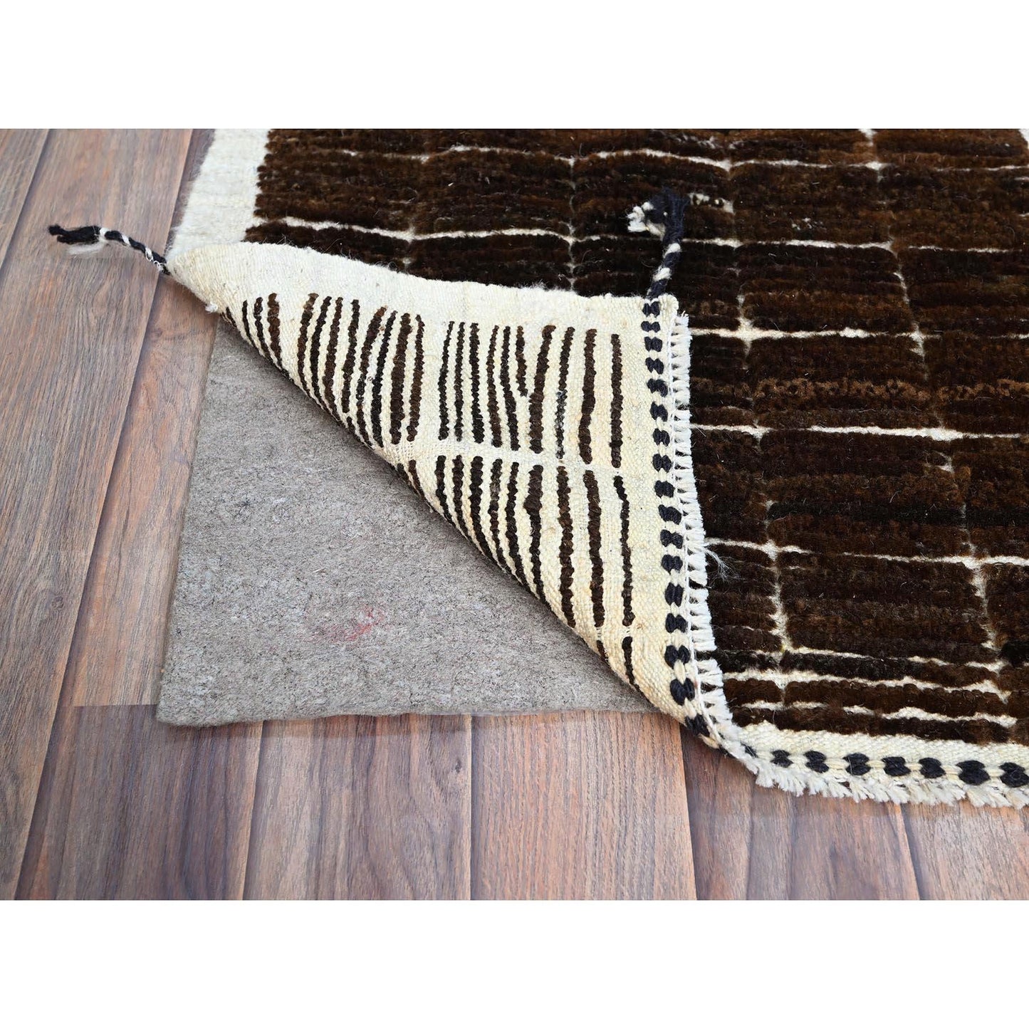 1'8"X2' Brown Moroccan Weave Grid Design Sample Wool Hand Knotted Rug