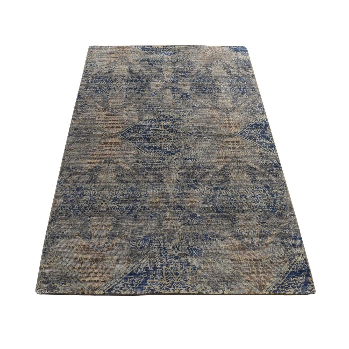 3'X5' Blue Erased Rosette Design Silk With Wool Hand Knotted Rug