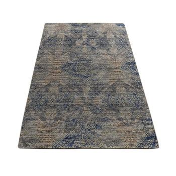 3'X5' Blue Erased Rosette Design Silk With Wool Hand Knotted Rug