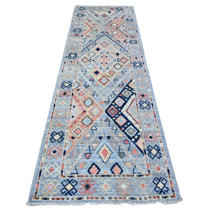 3'2"X10'2" Arctic Blue Hand Knotted Village Inspired Shiny Wool Rug