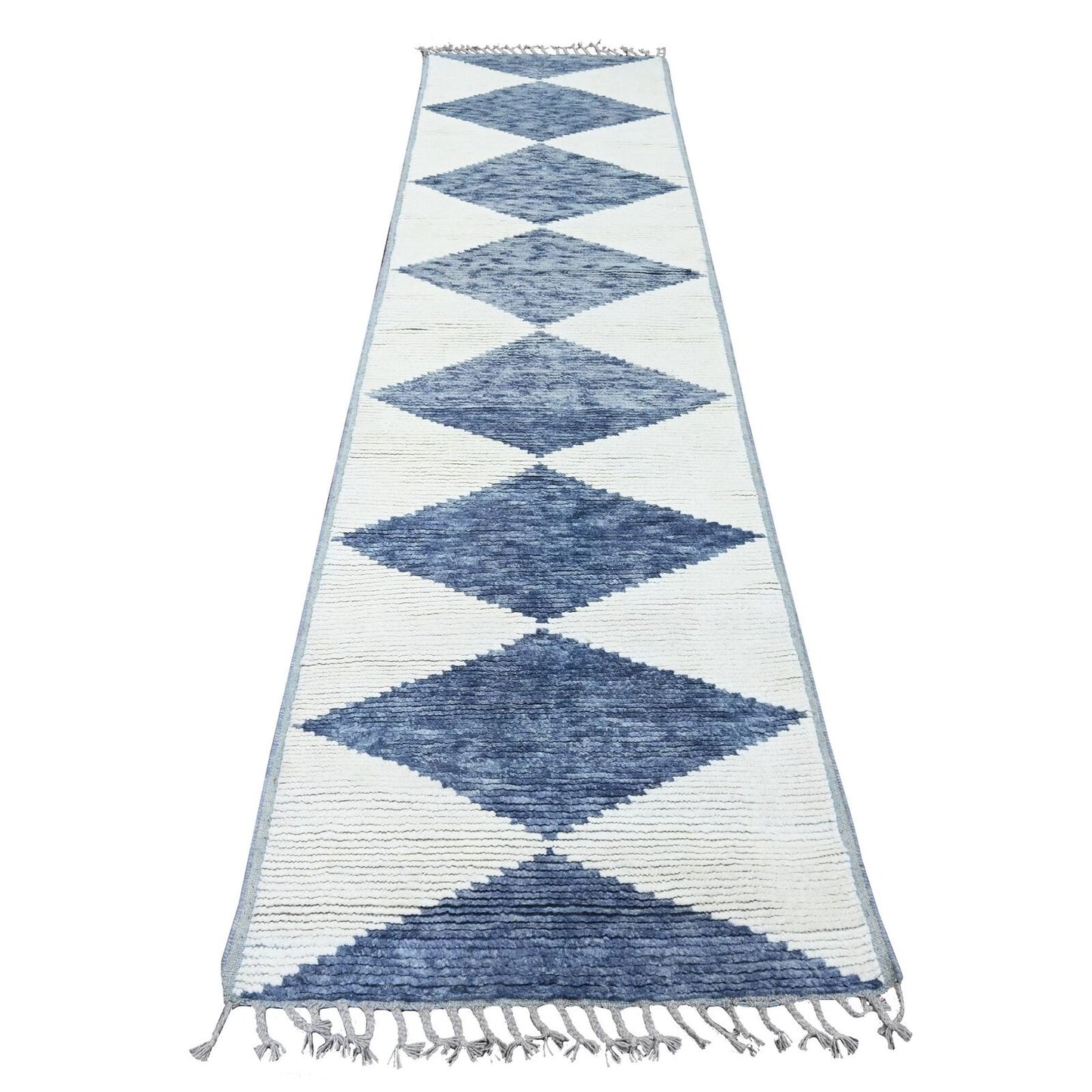 2'9"X10'3" Blue Moroccan Weave Geometric Hand Knotted All Wool Runner Rug