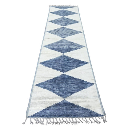 2'9"X10'3" Blue Moroccan Weave Geometric Hand Knotted All Wool Runner Rug