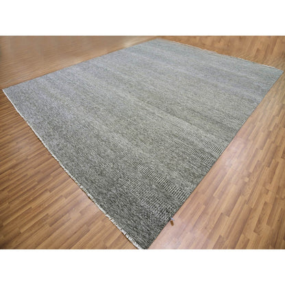 12'2"X15'2" Gray Undyed 100% Wool Grass Design Hand Knotted Oversized Rug