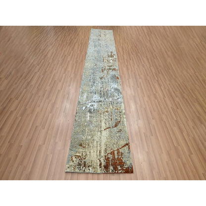 2'7"X13' Gray With Beige All Wool Abstract Design Hand Knotted Runner Rug