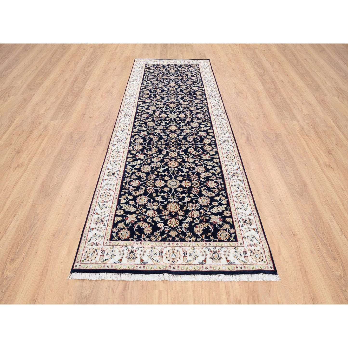 2'8"X9'10" Midnight Blue Pure Wool Hand Knotted Nain Fine Runner Rug