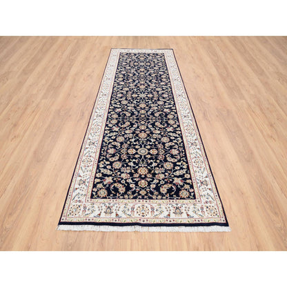 2'8"X9'10" Midnight Blue Pure Wool Hand Knotted Nain Fine Runner Rug