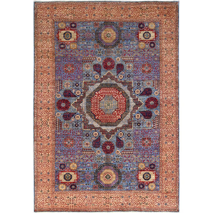 6'1"X9' Blue Hand Knotted All Wool Mamluk Dynasty 200 Kpsi Design Rug