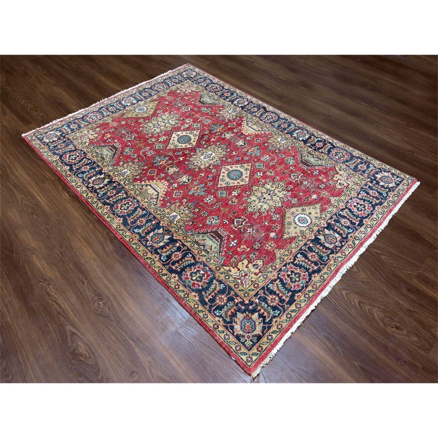 5'X6'10" Harvard Crimson Red 100% Wool Hand Knotted Karjihooz Design Rug