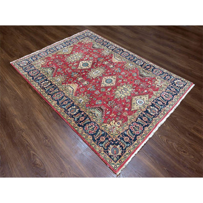 5'X6'10" Harvard Crimson Red 100% Wool Hand Knotted Karjihooz Design Rug