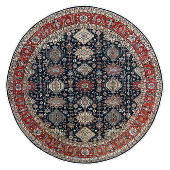10'X10' Power Black Hand Knotted Karjihooz Design Pure Wool Round Rug