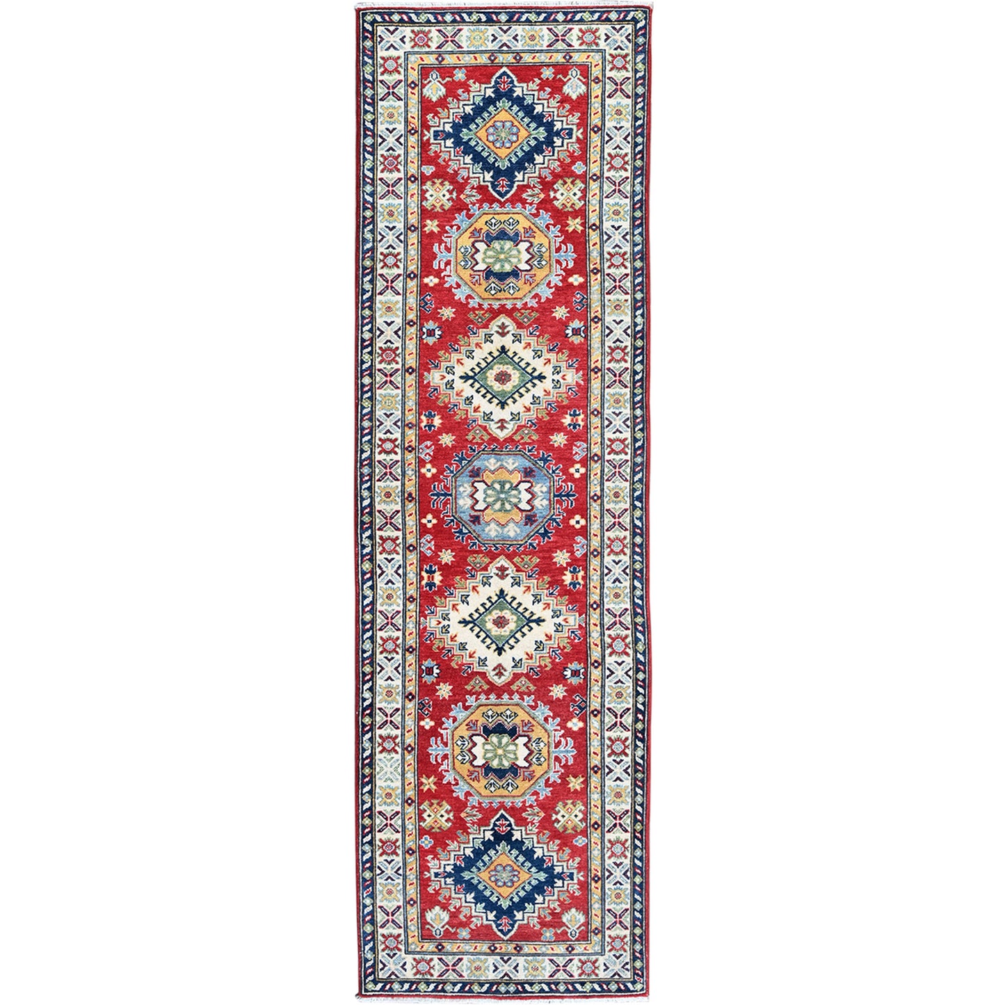 2'9"X9'6" Red Kazak Medallions Design Hand Knotted Soft Wool Runner Rug