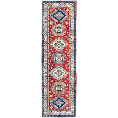 2'9"X9'6" Red Kazak Medallions Design Hand Knotted Soft Wool Runner Rug