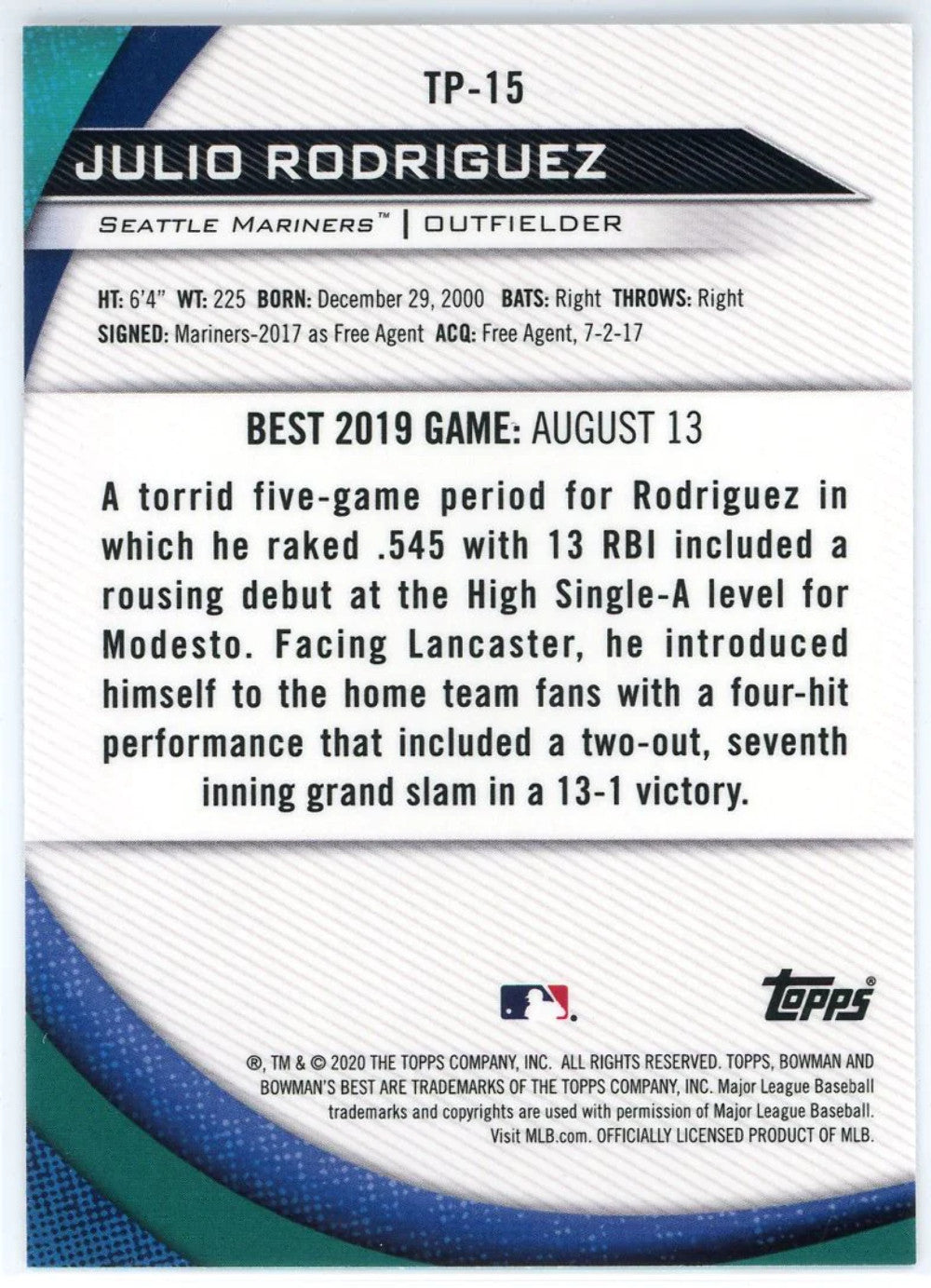 Julio Rodriguez 2020 Bowman'S Best Rookie Card