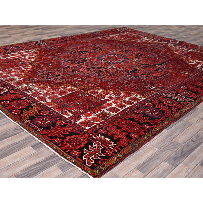 10'X12'8" Red With Asphalt Black Border Vintage Heris Oriental Rug