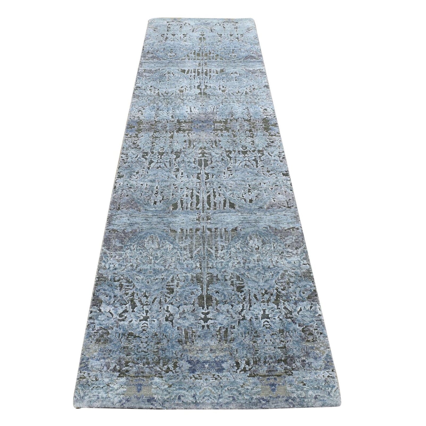 2'6"X10' Gray Silk With Wool Hand Knotted Erased Design Runner Rug