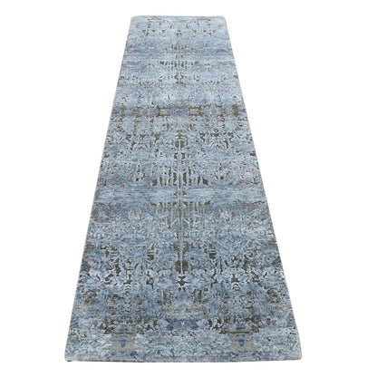 2'6"X10' Gray Silk With Wool Hand Knotted Erased Design Runner Rug