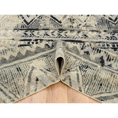 9'1"X12' Gray Erased Ethnic Geometric Design Wool Hand Knotted Rug