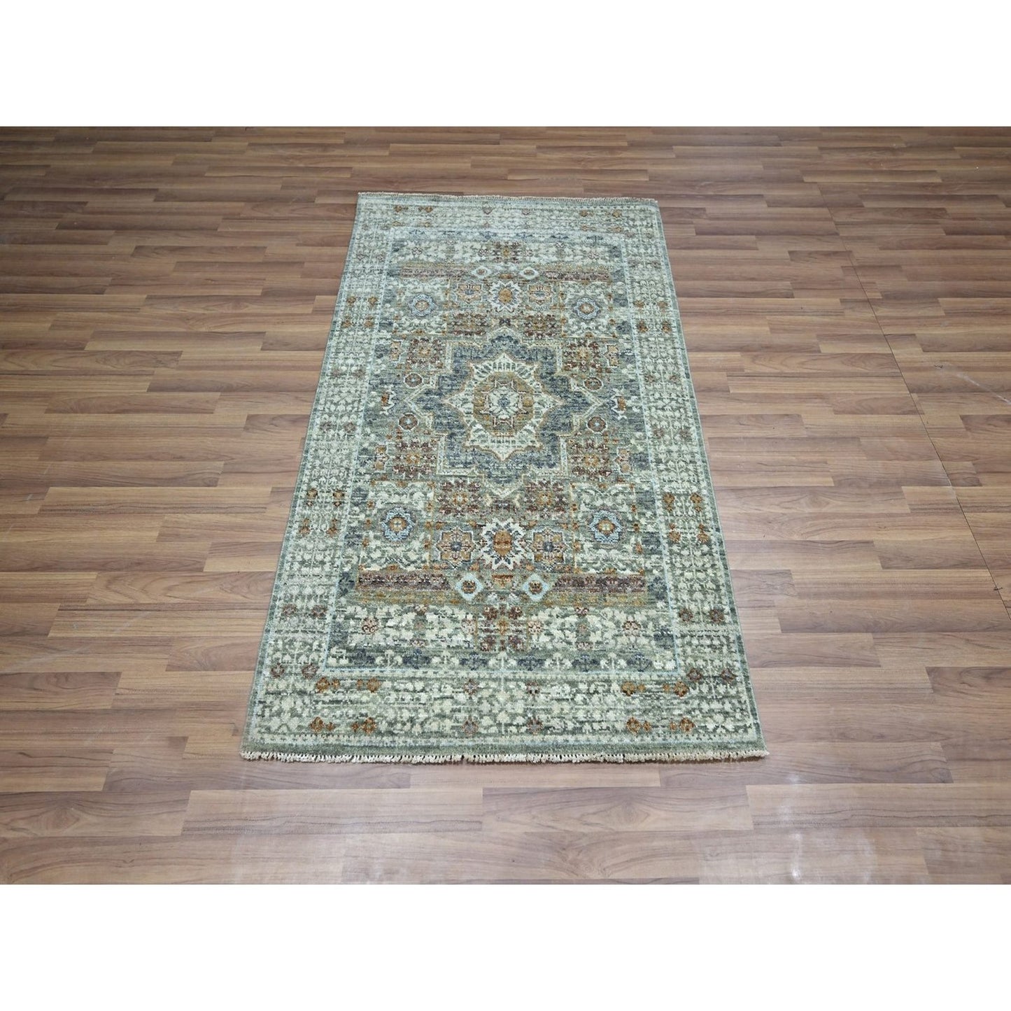 3'X5'1" Sage Green Pure Wool Rug Hand Knotted Pre Historic Mamluk Design