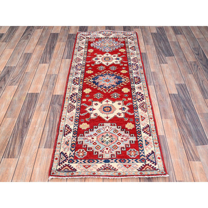2'1"X5'6" Red Kazak Geometric Medallion Motifs 100% Wool Hand Knotted Rug