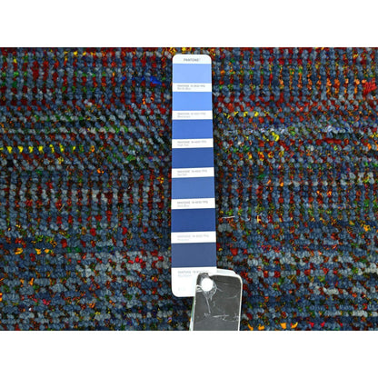 2'9"X10'2" Blue Grass Design Wool And Silk Modern Hand Knotted Runner Rug