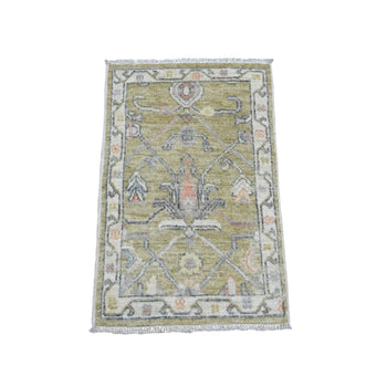 2'X3' Green Hand Knotted Afghan Angora Oushak Vines Design Wool Mat Rug