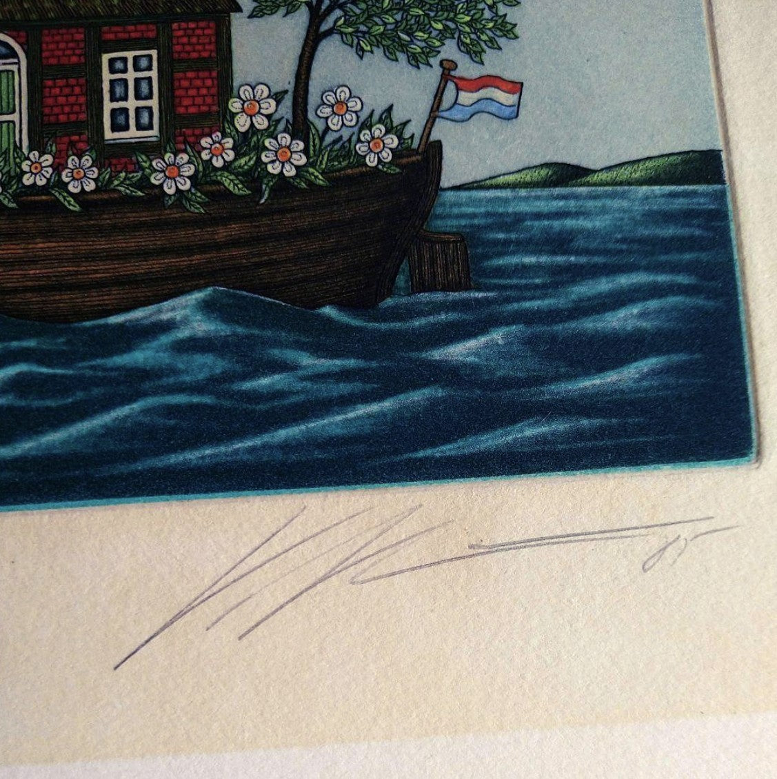 Volker Khn Etching Floating House On Boat Signed 204/300 Framed German Art