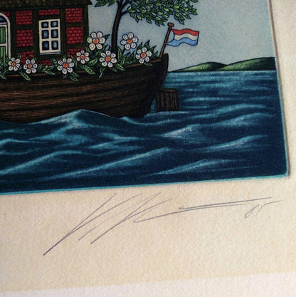 Volker Khn Etching Floating House On Boat Signed 204/300 Framed German Art