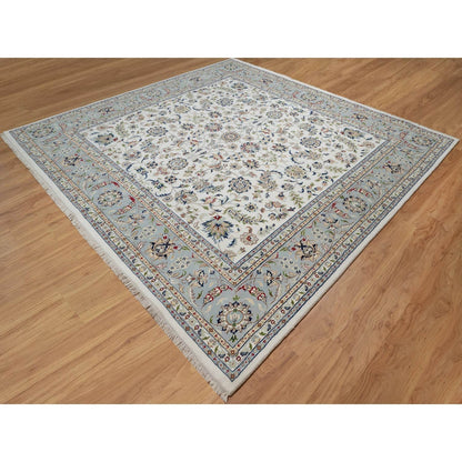 10'2"X10'2" White Nain Flower Motif Wool And Silk Hand Knotted Square Rug