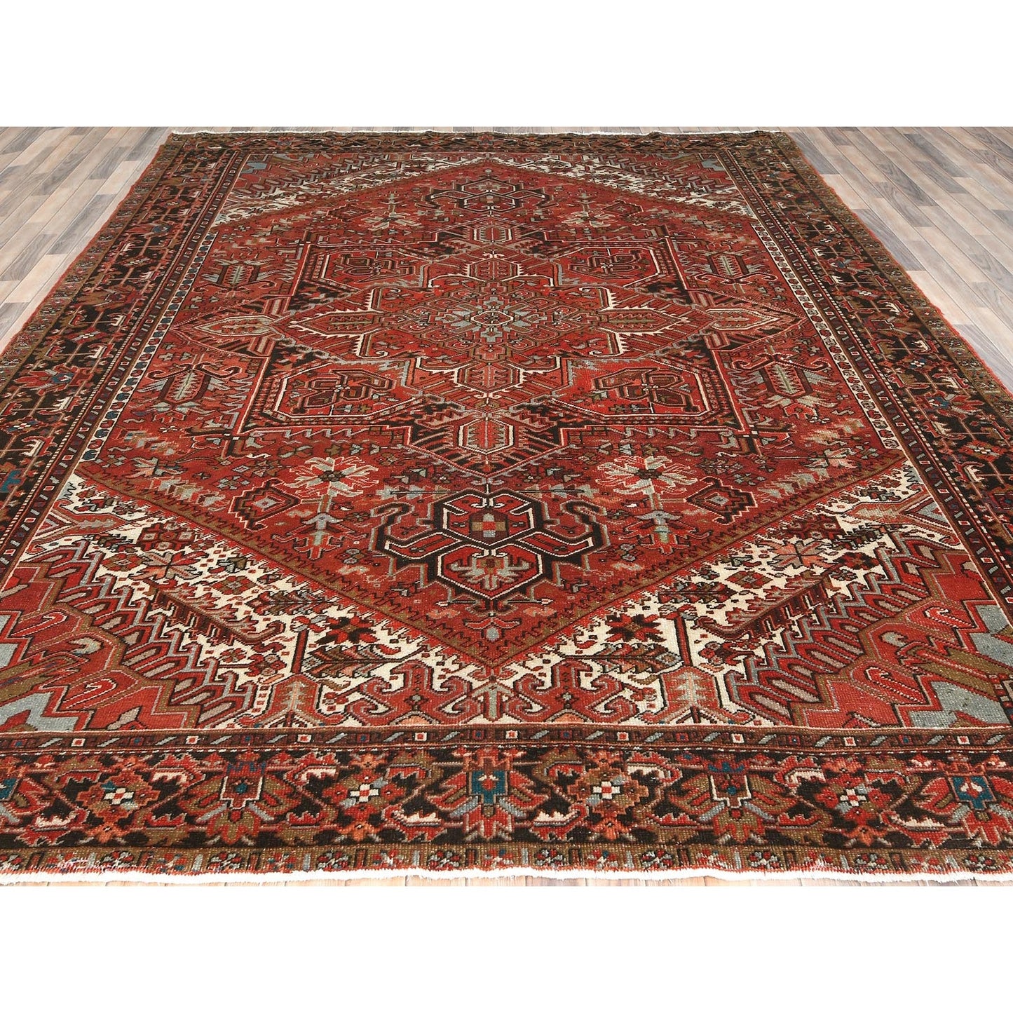 9'9"X12'4" Tomato Red Vintage Zoroastrian Heris Worn Wool Hand Knotted