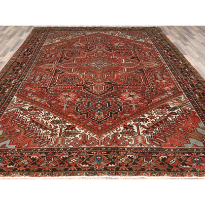 9'9"X12'4" Tomato Red Vintage Zoroastrian Heris Worn Wool Hand Knotted