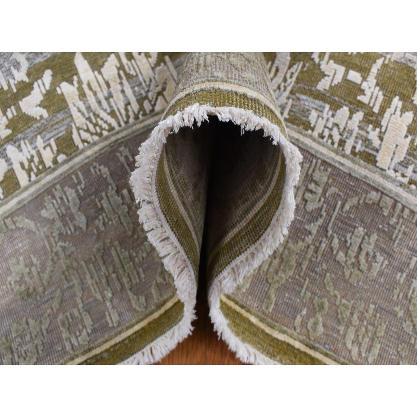 8'9"X12'1" Green Silk With Wool Abrash Artistic Motifs Hand Knotted Rug