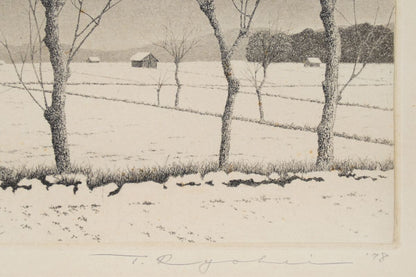 Tanaka Ryohei Rice Ear Landscape Aquatint Print Framed with Autograph