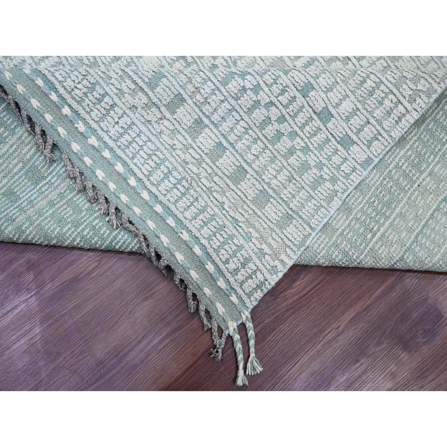 9'7"X14'3" Light Green Geometric Moroccan Weave Hand Knotted Wool Rug