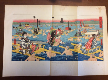 1856 Perry Expedition Japan Ukiyo-E Facsimile Lithograph Oi River Crossing Color